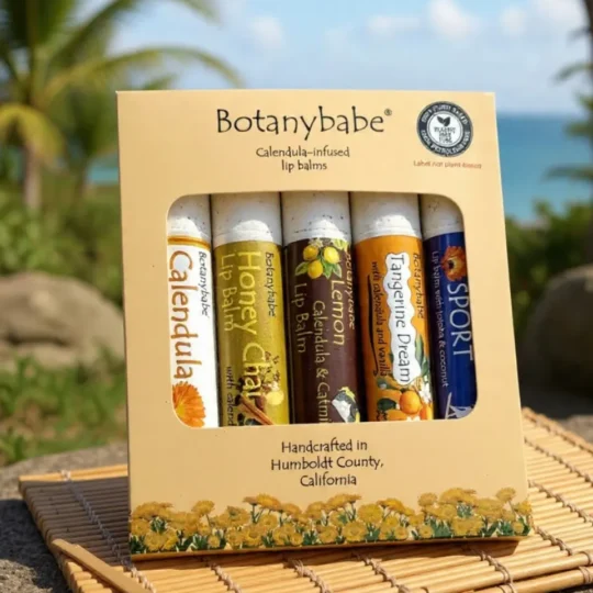 gift back of five balms in coastal setting