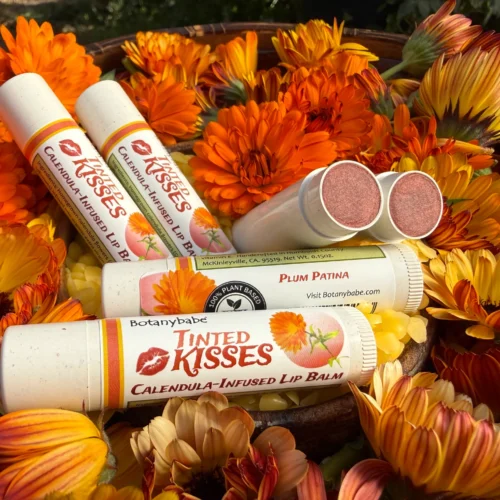 Tinted Kisses plum patina in a bowl of calendula flowers. Tinted balm surface is shown.
